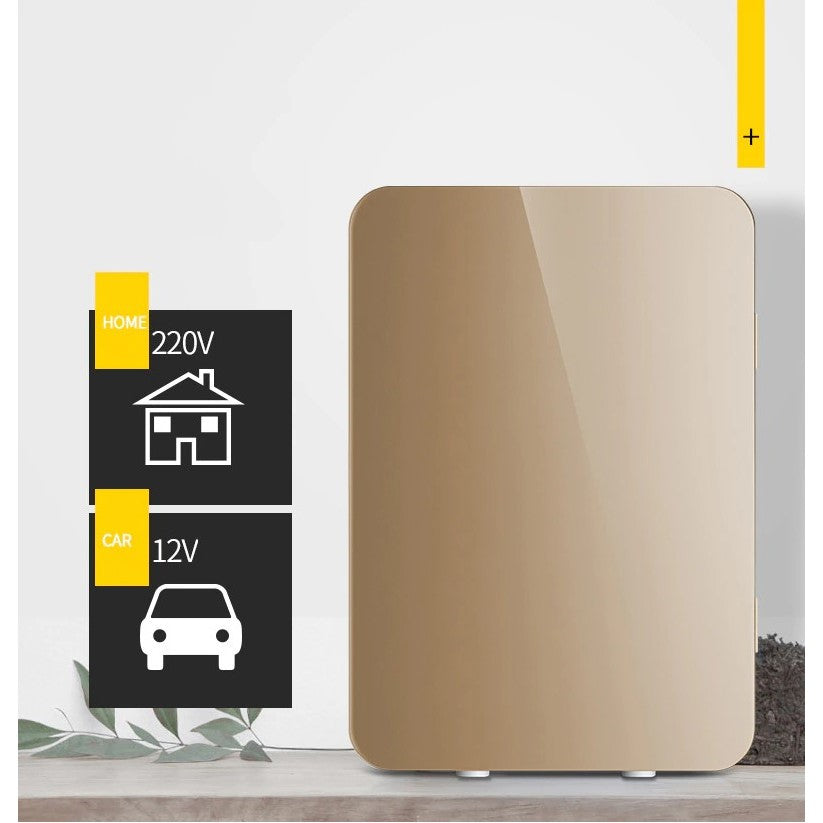 Mini frigider cosmetice, Klevo, dubla functie de incalzire/racire, portabil, Exterior -19x28x26 cm, Interior - 14x24x15, cm 8L, gold