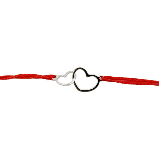 Martisor Bratara Argint 925, Jolie, Model 2 Inimi Pereche, Martisor de 1 Martie, cu Snur Rosu, Argintiu