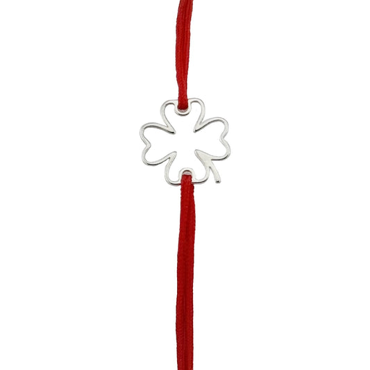 Martisor Bratara Argint 925, Jolie, Model Trifoi, Martisor de 1 Martie, cu Snur Rosu, Argintiu