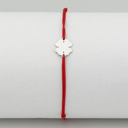 Bratara Argint 925 pentru Dama, Jolie, Model Trifoi plin, Martisor Bratara de 1 Martie, Pandativ Argintiu cu Snur Rosu