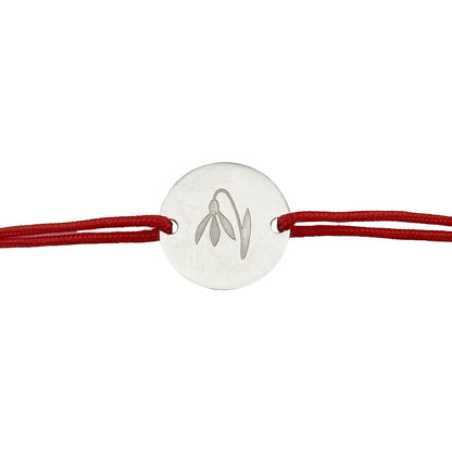 Martisor Bratara Argint 925, Jolie, Model Ghiocel Gravat, Martisor de 1 Martie, cu Snur Rosu, Argintiu