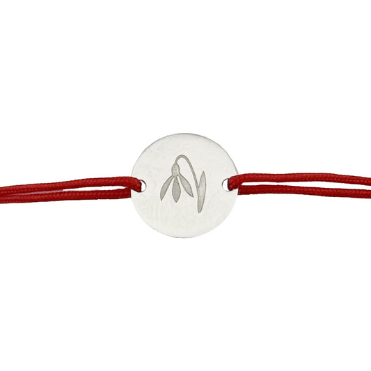 Martisor Bratara Argint 925, Jolie, Model Ghiocel Gravat, Martisor de 1 Martie, cu Snur Rosu, Argintiu