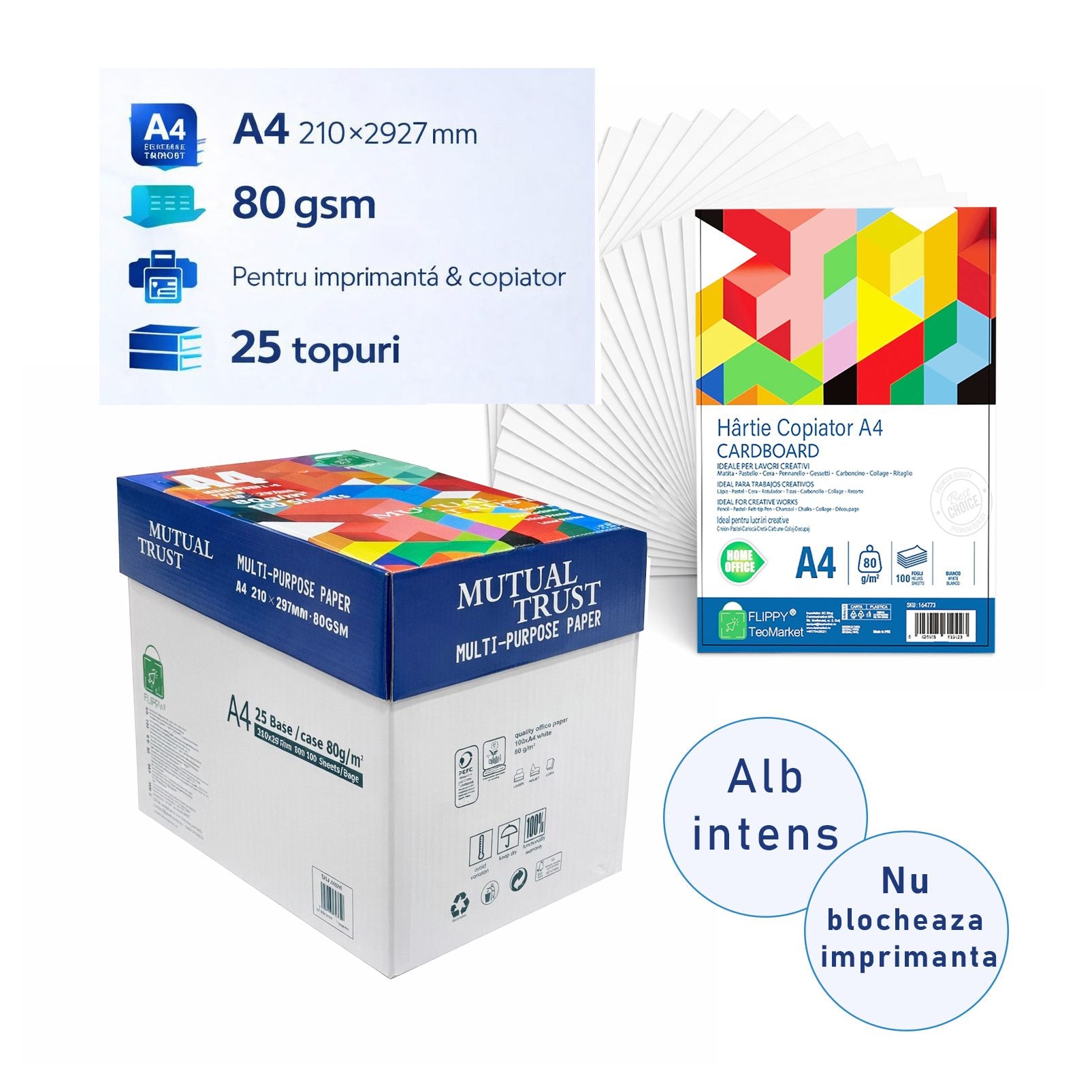 Hartie Copiator A4 Mutual Trust Cardboard, Klevo, 80 g/mp, 25 topuri x 100 coli/top (2500 coli), 210 x 297 mm, Hartie Multifunctionala pentru Printare, Copiere si Proiecte Creative