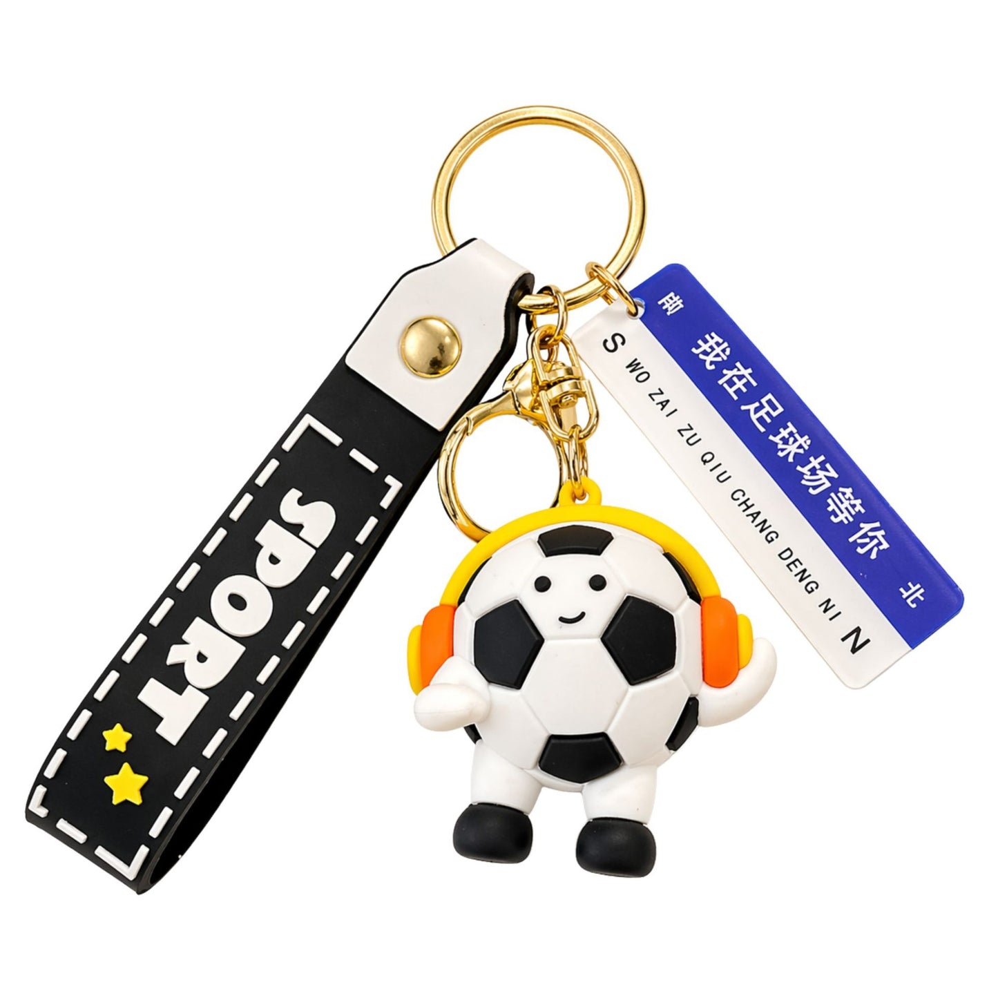 Breloc Chei, Klevo, Model Minge de Fotbal cu Casti, Mesaj Te aștept pe terenul de fotbal, Cupa Mondiala, Accesoriu Pentru Chei si Rucsac, Material Acril, 50 g, Negru