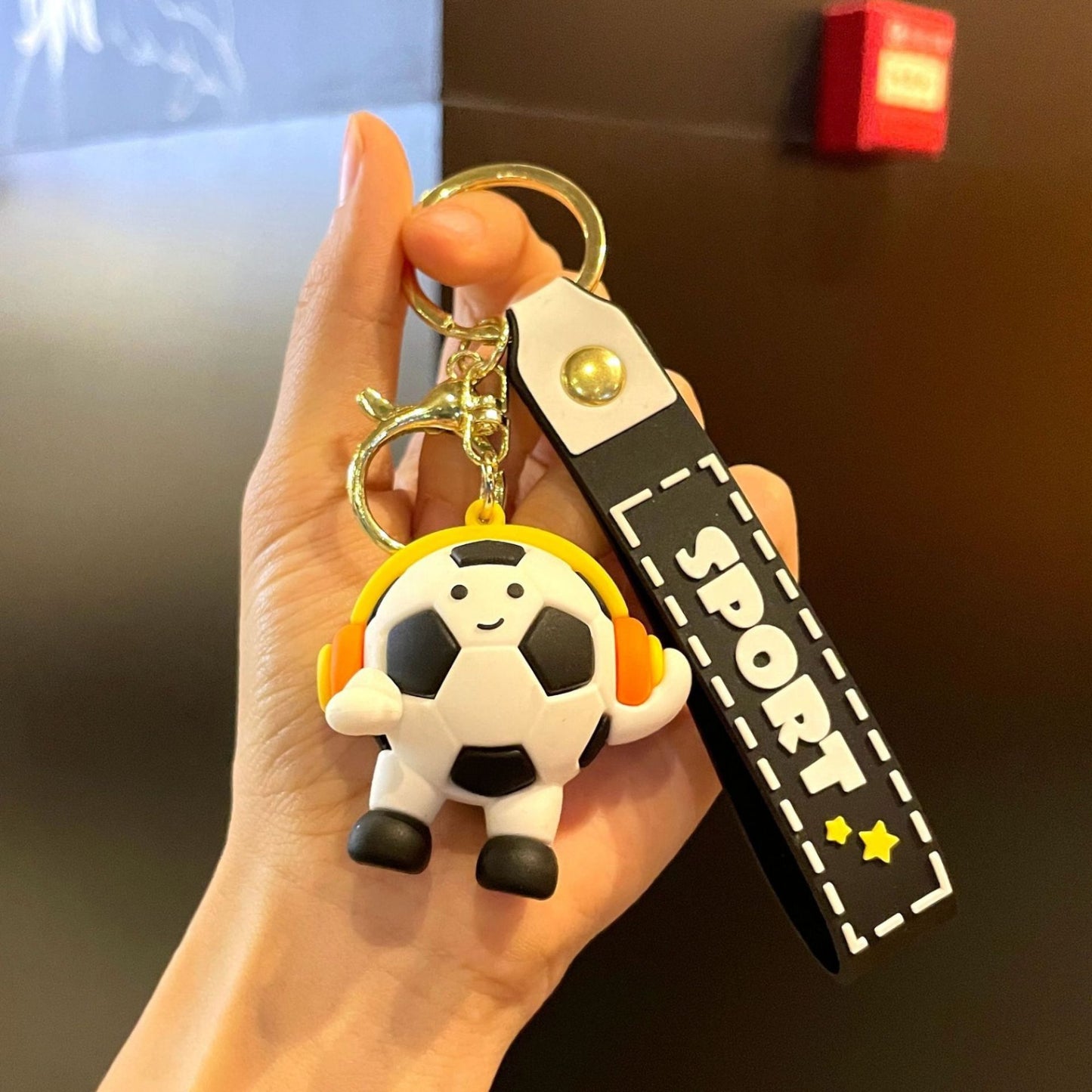 Breloc Chei, Klevo, Model Minge de Fotbal cu Casti, Cupa Mondiala, Accesoriu Pentru Chei si Rucsac, Material Acril, 50 g, Negru