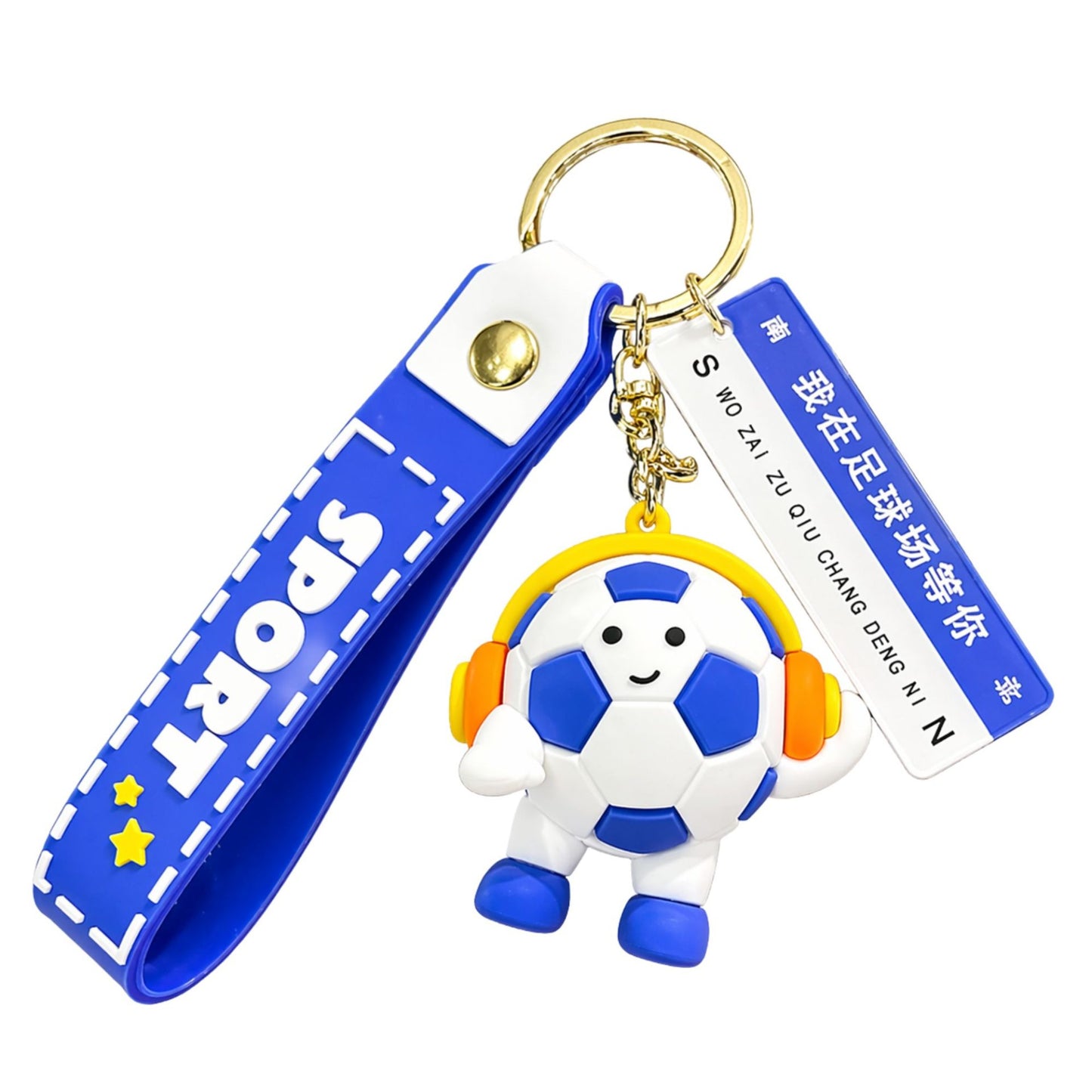 Breloc Chei, Klevo, Model Minge de Fotbal cu Casti, Mesaj Te aștept pe terenul de fotbal, Cupa Mondiala, Accesoriu Pentru Chei si Rucsac, Material Acril, 50 g, Albastru Inchis