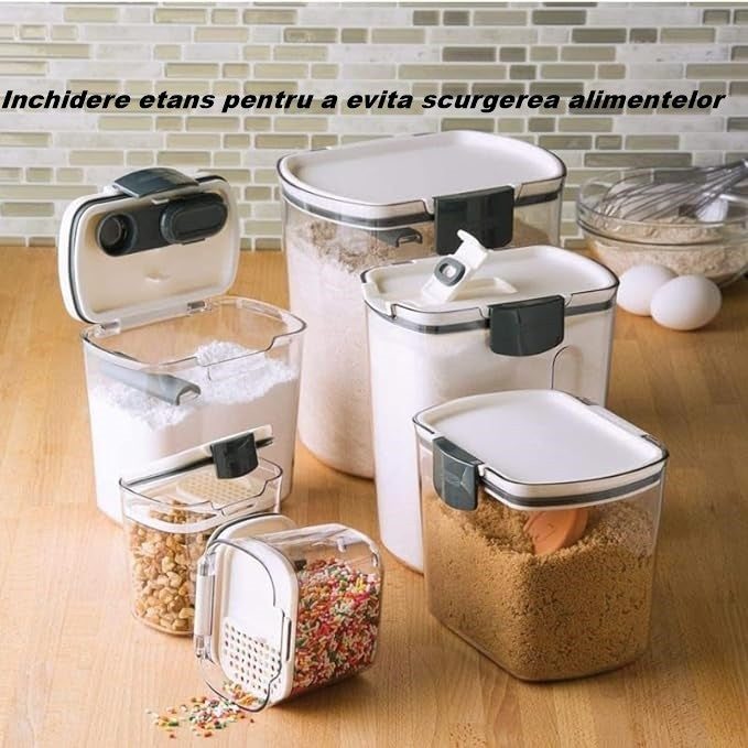 Set 4 Recipiente Depozitare Alimente,  Klevo, pentru Organizare Bucatarie, cu Inchidere Ermetica, Transparent, Plastic fara BPA, Compatibile cu Masina de Spalat Vase, Diferite Dimensiuni, 350 ml, 1300 ml, 2700 ml, 4600 ml