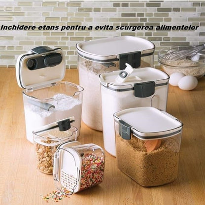Set 4 Recipiente Depozitare Alimente,  Klevo, pentru Organizare Bucatarie, cu Inchidere Ermetica, Transparent, Plastic fara BPA, Compatibile cu Masina de Spalat Vase, Diferite Dimensiuni, 350 ml, 1300 ml, 2700 ml, 4600 ml