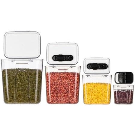 Set 4 Recipiente Depozitare Alimente,  Klevo, pentru Organizare Bucatarie, cu Inchidere Ermetica, Transparent, Plastic fara BPA, Compatibile cu Masina de Spalat Vase, Diferite Dimensiuni, 350 ml, 1300 ml, 2700 ml, 4600 ml