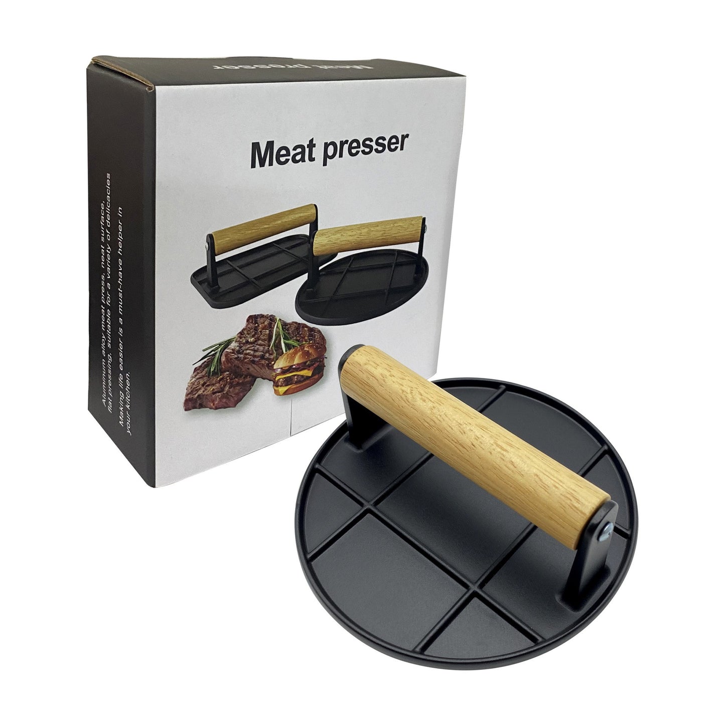 Presa Manuala pentru Carne, Klevo, din Aliaj de Aluminiu, Maner din Lemn, Presa pentru Burgeri, Usor de Curatat si Folosit, Rotunda, 16x16x6 cm, Neagra
