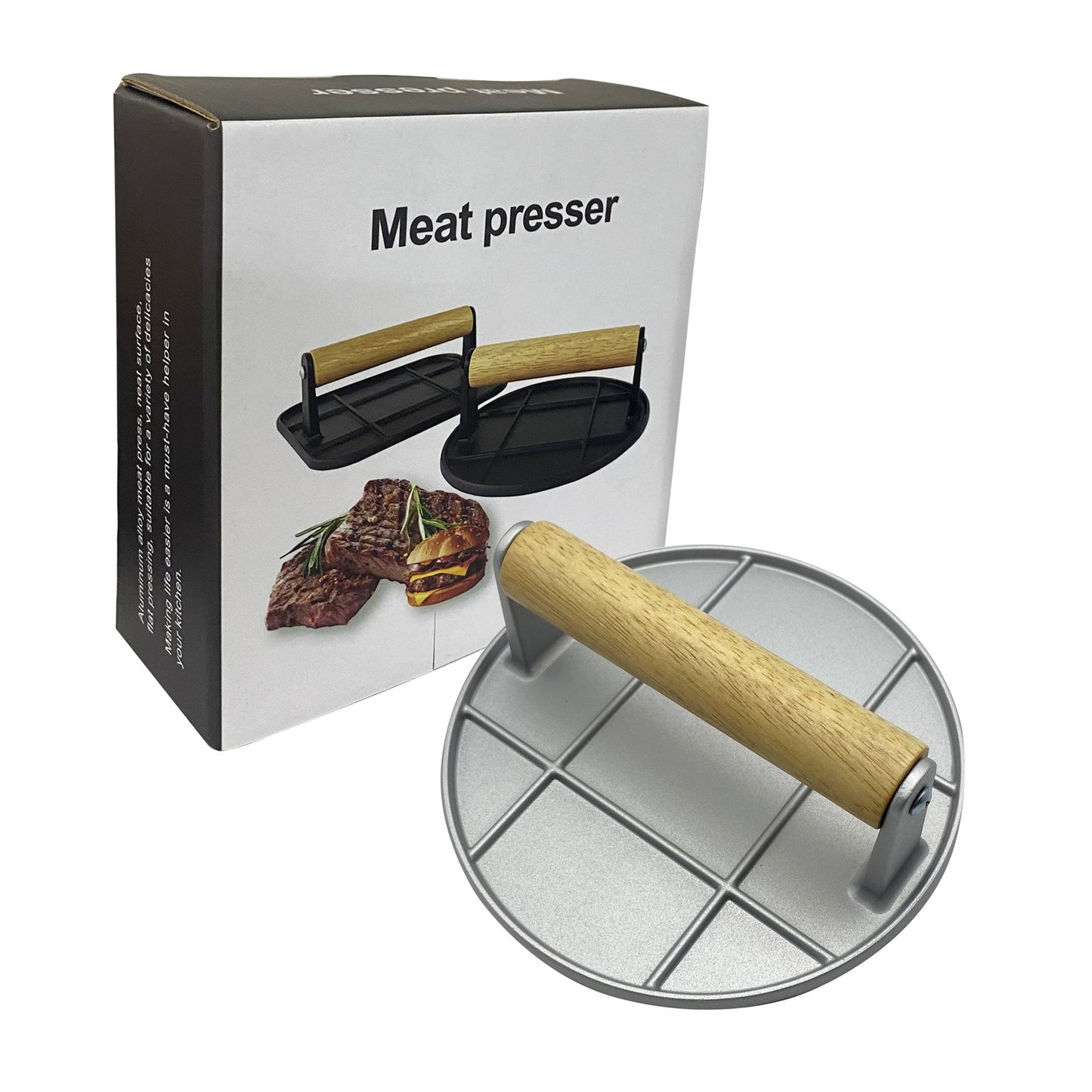 Presa Manuala pentru Carne, Klevo, din Aliaj de Aluminiu, Maner din Lemn, Presa pentru Burgeri, Usor de Curatat si Folosit, Rotunda, 16x16x6 cm, Gri