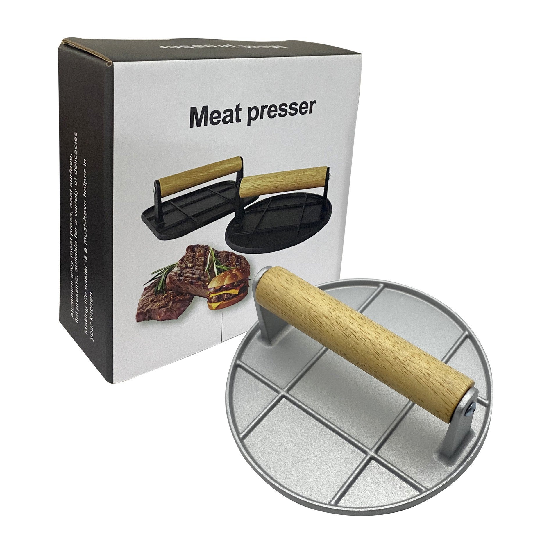 Presa Manuala pentru Carne, Klevo, din Aliaj de Aluminiu, Maner din Lemn, Presa pentru Burgeri, Usor de Curatat si Folosit, Rotunda, 16x16x6 cm, Gri