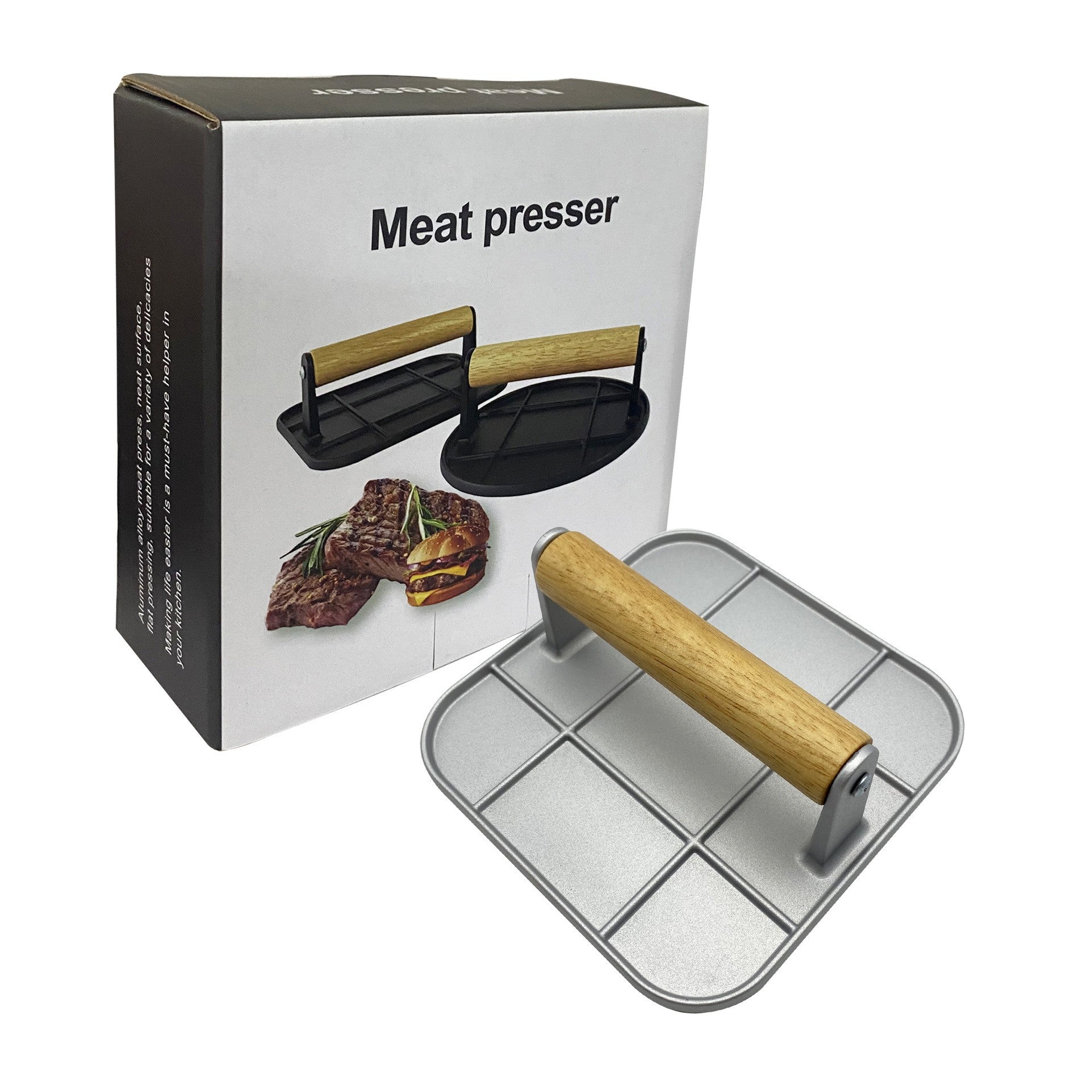 Presa Manuala pentru Carne, Klevo, din Aliaj de Aluminiu, Maner din Lemn, Presa pentru Burgeri, Usor de Curatat si Folosit, Patrata, 16x16x6 cm, Gri