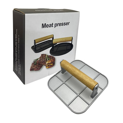 Presa Manuala pentru Carne, Klevo, din Aliaj de Aluminiu, Maner din Lemn, Presa pentru Burgeri, Usor de Curatat si Folosit, Patrata, 16x16x6 cm, Gri
