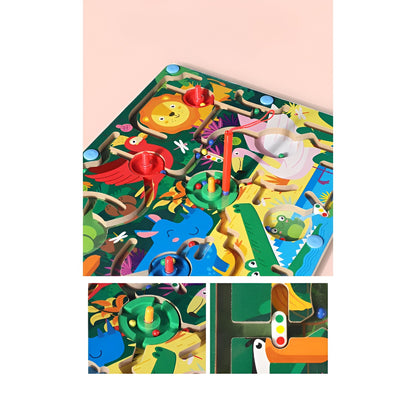 Joc Montessori de Sortare Culori, Klevo, Creion Magnetic, Tip Labirint Ilustrat, din Lemn, Model Animale Salbatice, 39x29x1.5 cm