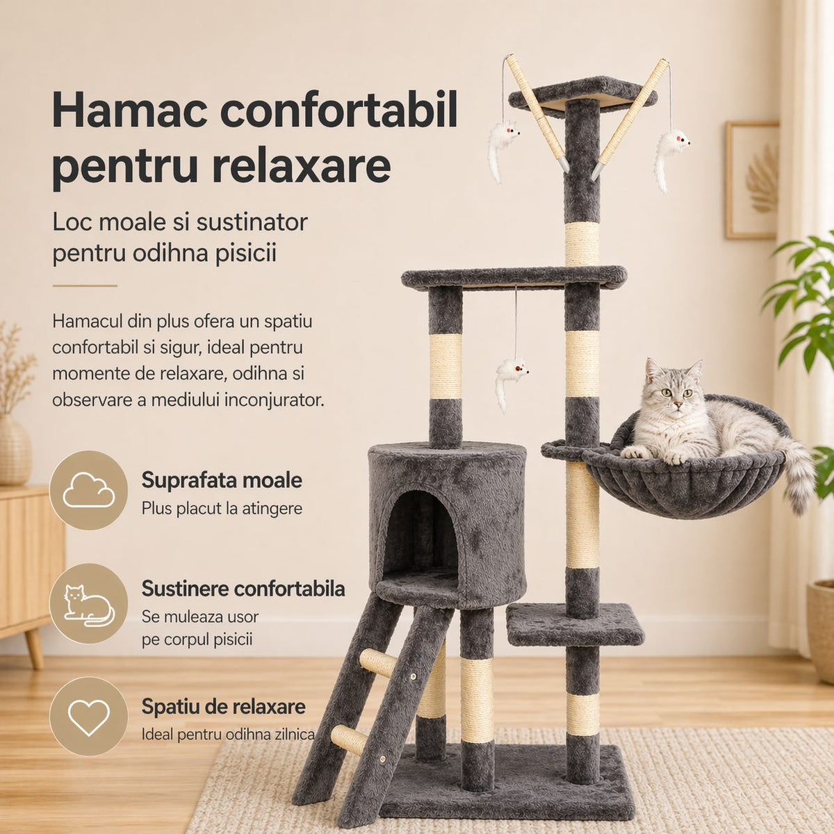 Ansamblu de Joaca pentru Pisici, Klevo, Cat Climbing Frame Multifunctional, cu Platforme, Cusca, Hamac si Scara de Catarare, 49x35x135 cm, Gri