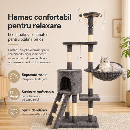 Ansamblu de Joaca pentru Pisici, Klevo, Cat Climbing Frame Multifunctional, cu Platforme, Cusca, Hamac si Scara de Catarare, 49x35x135 cm, Gri