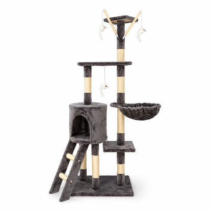 Ansamblu de Joaca pentru Pisici, Klevo, Cat Climbing Frame Multifunctional, cu Platforme, Cusca, Hamac si Scara de Catarare, 49x35x135 cm, Gri