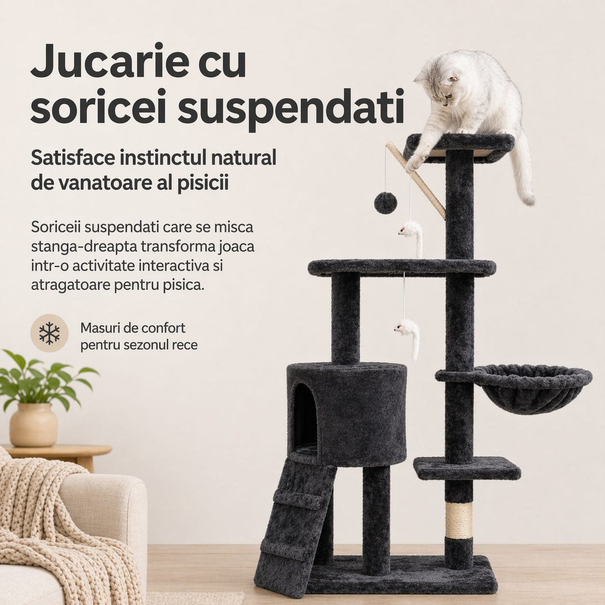 Ansamblu de Joaca pentru Pisici, Klevo, Cat Climbing Frame Multifunctional, cu Platforme, Cusca, Hamac si Scara de Catarare, 49x35x135 cm, Negru