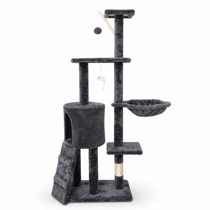 Ansamblu de Joaca pentru Pisici, Klevo, Cat Climbing Frame Multifunctional, cu Platforme, Cusca, Hamac si Scara de Catarare, 49x35x135 cm, Negru