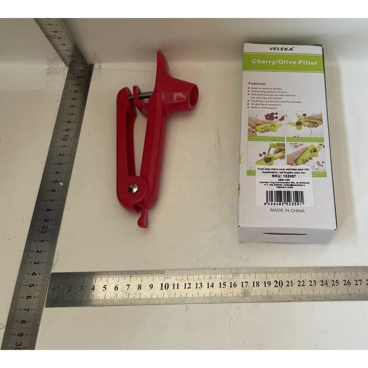Dispozitiv de Scos Samburi, Klevo, Manual, cu 1 Gaura, pentru Cirese/Masline, 20.5 x 3.8 x 13 cm, din ABS+Otel Inoxidabil, cu Maner, Rosu
