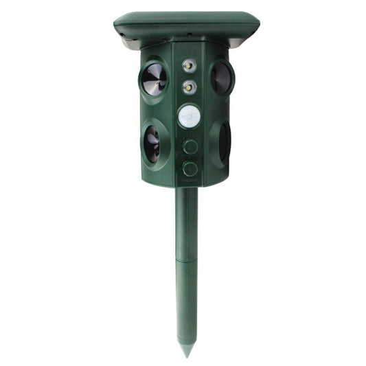 Aparat Solar LED cu Ultrasunete, Klevo, Repelent pentru Animale Mari si Mici, Lumina Rosie si Alba, Anti Rozatoare, Anti Insecte, Frecventa 13.5KHZ-45.5KHZ, Senzor PIR, 15.5 x 15.4 x 26.2 cm, Verde