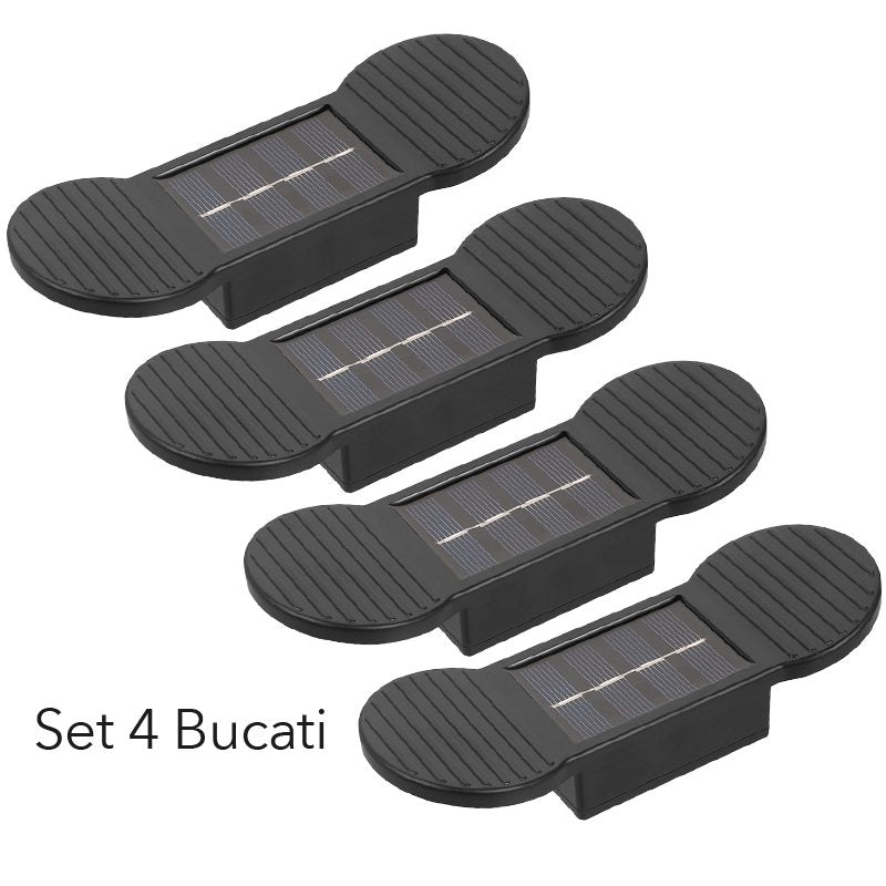 Aplica solara LED, Klevo, Set 4 Bucati, ABS/Policarbonat, rezistenta la apa IP65, 2 LED-uri SMD, pentru perete, scari, 1.2V, 600mah, 16 x 5.9 x 3.3  cm, Lumina Alb calda, Negru