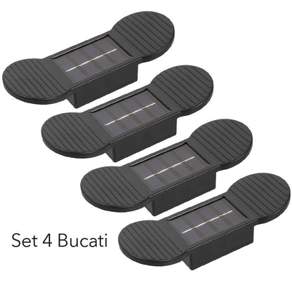 Aplica solara LED, Klevo, Set 4 Bucati, ABS/Policarbonat, rezistenta la apa IP65, 2 LED-uri SMD, pentru perete, scari, 1.2V, 600mah, 16 x 5.9 x 3.3  cm, Lumina Alb calda, Negru