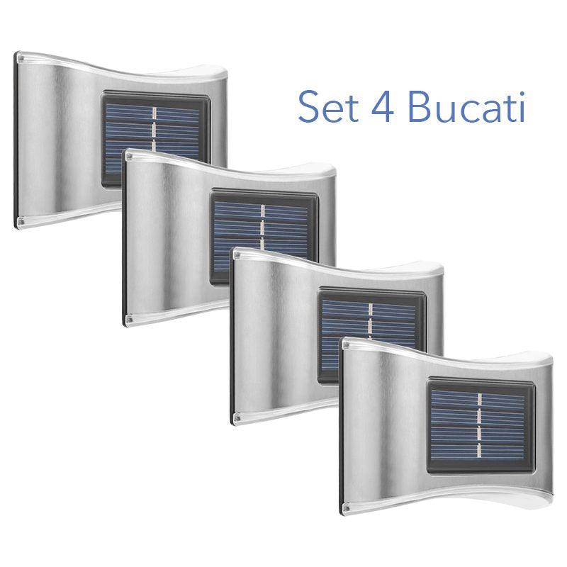 Aplica solara LED pentru Gradina, Klevo, Set 4 Bucati, ABS/Policarbonat, IP65, 6 LED-uri, pentru perete, trepte, borduri, terasa, 1.2V, 600 mah, 10 x 6.5 cm, 2 moduri de prindere, Lumina Alb Rece, Gri