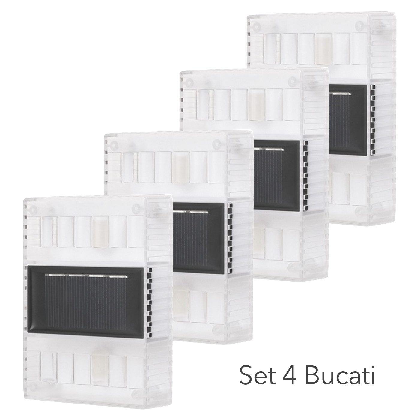Aplica solara LED pentru Gradina, Klevo, Set 4 Bucati, ABS/Policarbonat, Rezistenta la apa IP65, pentru perete, 1.2V, 600mah, 10x2.5x7 cm, Lumina Alb calda, Transparenta