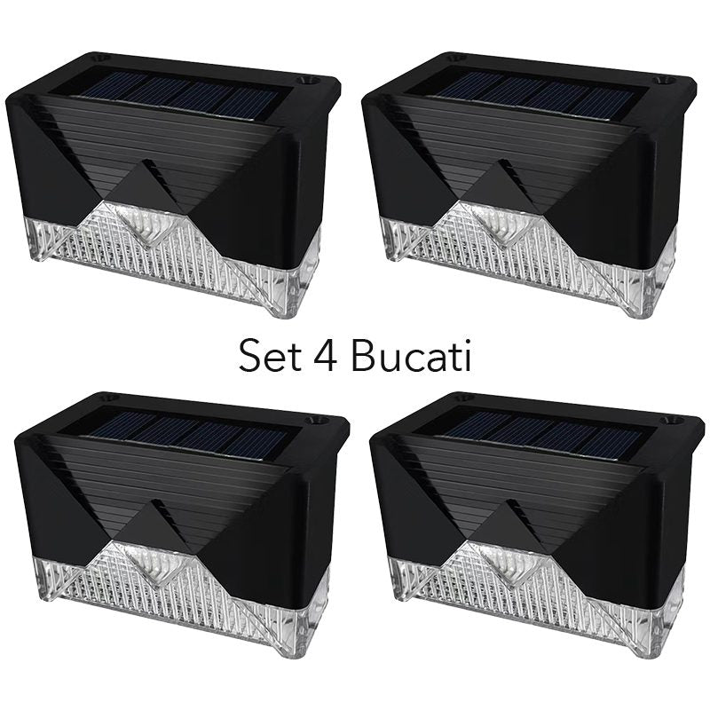 Aplica solara LED pentru Gradina, Klevo, Set 4 Bucati, ABS/Policarbonat, rezistenta la apa IP65, pentru trepte, borduri, terasa, 1.2V, 600mah, 7.9 x 5 cm, Lumina Alb calda, Negru