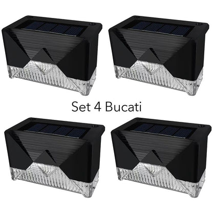 Aplica solara LED pentru Gradina, Klevo, Set 4 Bucati, ABS/Policarbonat, rezistenta la apa IP65, pentru trepte, borduri, terasa, 1.2V, 600mah, 7.9 x 5 cm, Lumina Alb calda, Negru