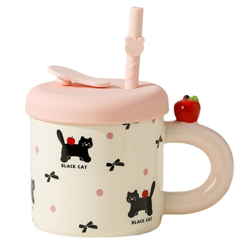 Cana din Ceramica cu Capac si Pai, Klevo, Capacul si Paiul din Silicon Roz, 9x8.5 cm, Model Cute C, Capacitate 380ml