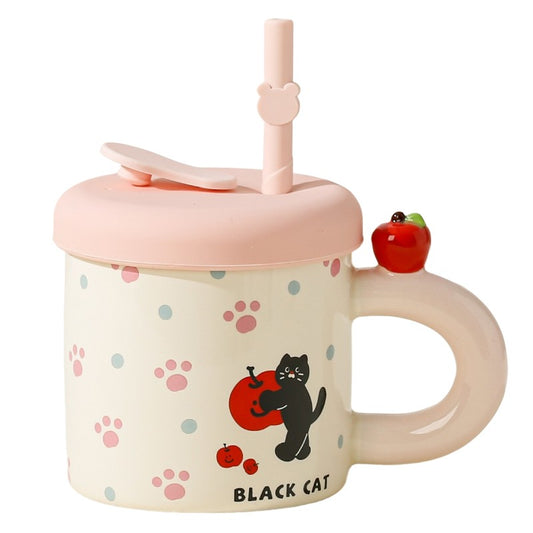 Cana din Ceramica cu Capac si Pai, Klevo, Capacul si Paiul din Silicon Roz, 9x8.5 cm, Model Cute D, Capacitate 380ml
