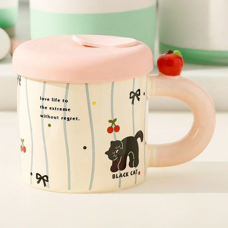 Cana din Ceramica cu Capac si Pai, Klevo, Capacul si Paiul din Silicon Roz, 9x8.5 cm, Model Cute A, Capacitate 380ml