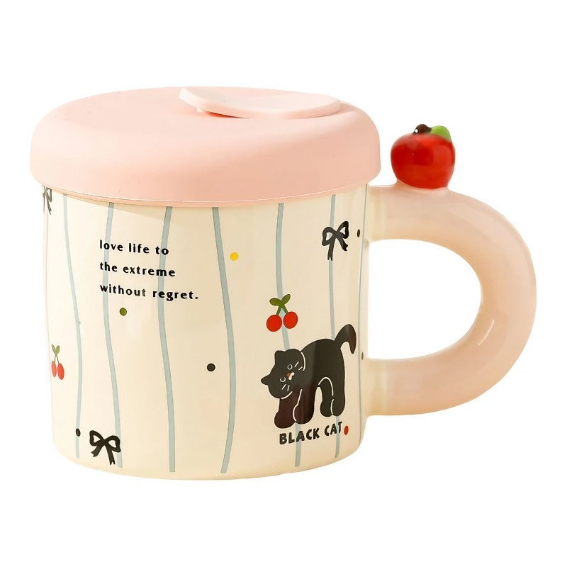 Cana din Ceramica cu Capac si Pai, Klevo, Capacul si Paiul din Silicon Roz, 9x8.5 cm, Model Cute A, Capacitate 380ml