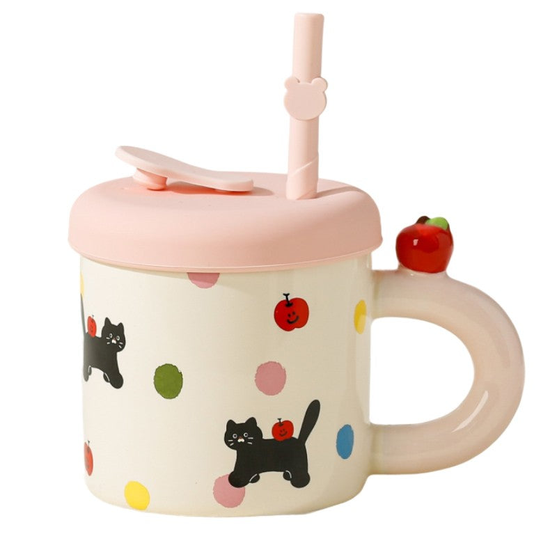 Cana din Ceramica cu Capac si Pai, Klevo, Capacul si Paiul din Silicon Roz, 9x8.5 cm, Model Cute B, Capacitate 380ml