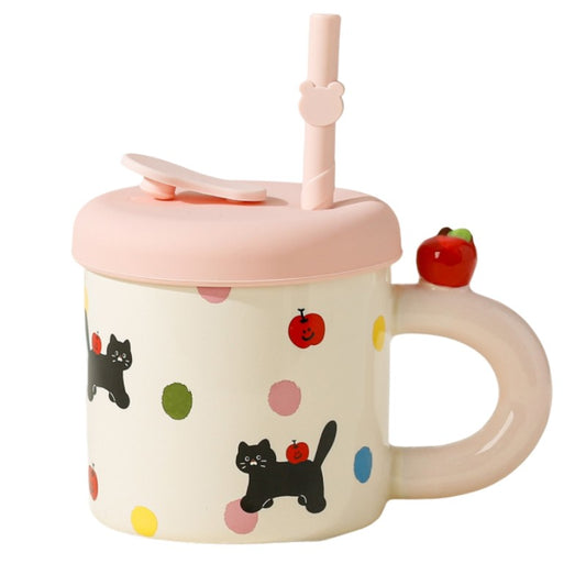 Cana din Ceramica cu Capac si Pai, Klevo, Capacul si Paiul din Silicon Roz, 9x8.5 cm, Model Cute B, Capacitate 380ml