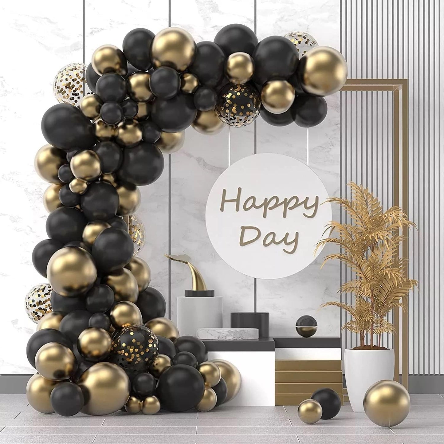 Baloane decorative pentru Nunta, Zi de Nastere, Evenimente, Klevo, Arcada Set din 107 baloane, din latex, baloane cu confetii, Negru Auriu