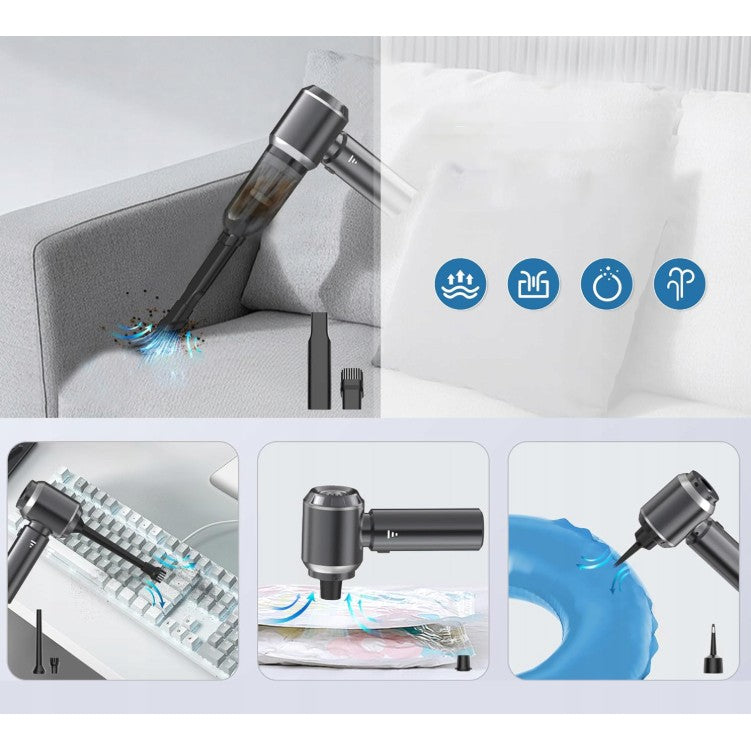Aspirator Portabil Auto, Klevo, pentru Casa si Masina, 3 Viteze, Incarcator Tip-C cu Incarcare Rapida, Tub Prelungitor, 2000mAh, 7 Capete de Aspirare si Suflare, 21x20x6.5 cm, Negru