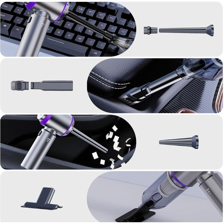 Aspirator Portabil Auto, Klevo, pentru Casa si Masina, 3 Viteze, Incarcator Tip-C cu Incarcare Rapida, Tub Prelungitor, 2000mAh, 7 Capete de Aspirare si Suflare, 21x20x6.5 cm, Argintiu Mov
