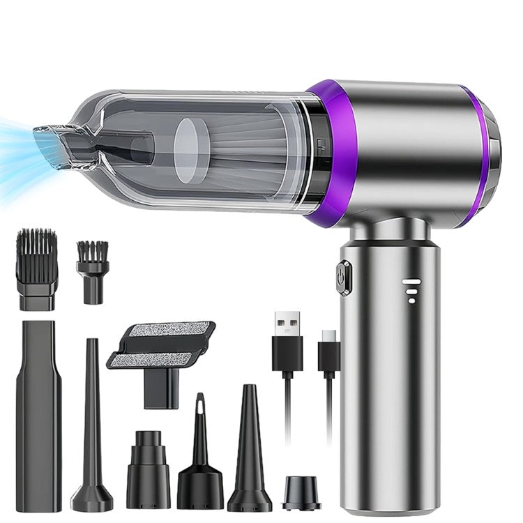 Aspirator Portabil Auto, Klevo, pentru Casa si Masina, 3 Viteze, Incarcator Tip-C cu Incarcare Rapida, Tub Prelungitor, 2000mAh, 7 Capete de Aspirare si Suflare, 21x20x6.5 cm, Argintiu Mov