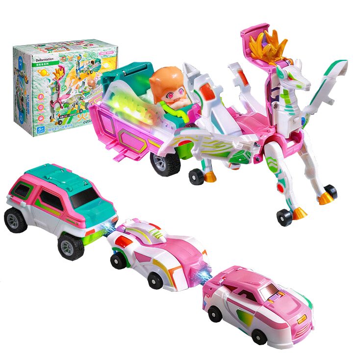 Jucarie Transformer Magnetica 3 in 1 Mars Deer Cosmic Planet, Klevo, 3 Masini Care se Transforma in Pegas Inaripat, Atractie Magnetica, 3+ Ani, din ABS, Roz