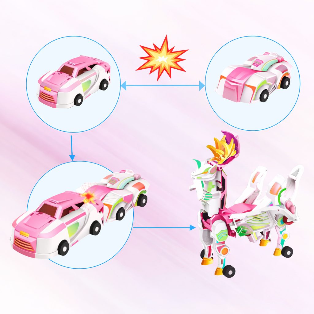 Jucarie Transformer Magnetica 3 in 1 Mars Deer Cosmic Planet, Klevo, 3 Masini Care se Transforma in Pegas Inaripat, Atractie Magnetica, 3+ Ani, din ABS, Roz