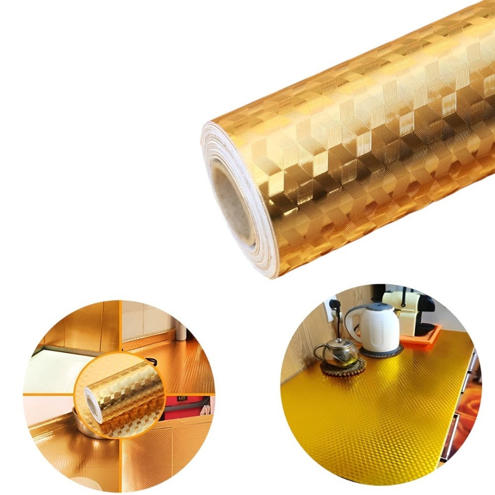 Autocolant de Bucatarie, Klevo, Autoadeziv, Impermeabil, Rezistent la Temperaturi Ridicate, din PVC, 60 x 100 cm, Model Cub 3D, Auriu