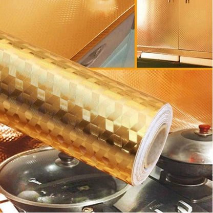 Autocolant de Bucatarie, Klevo, Autoadeziv, Impermeabil, Rezistent la Temperaturi Ridicate, din PVC, 60 x 100 cm, Model Cub 3D, Auriu
