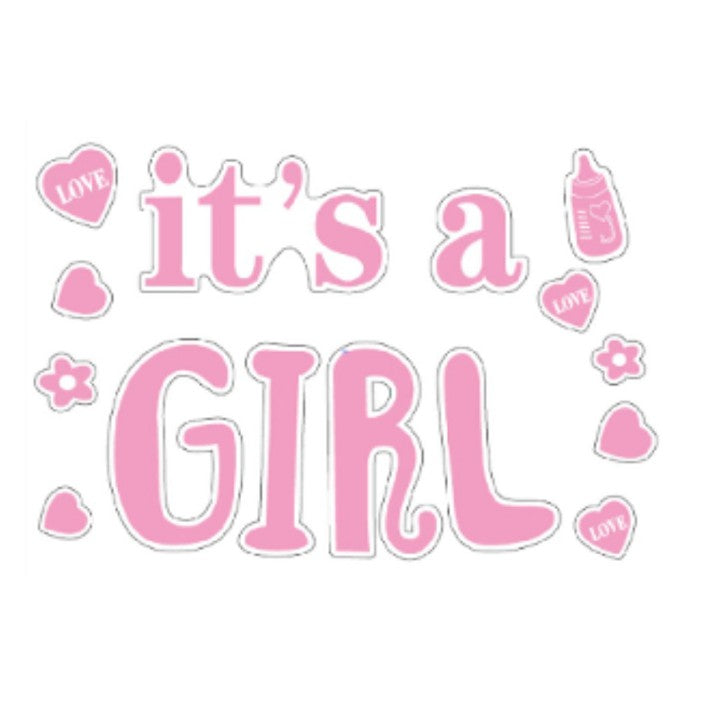 Sticker Autocolant, Klevo, Tematica Gender Reveal, Model Scris It's a Girl, 19.5x27.5 cm, Roz