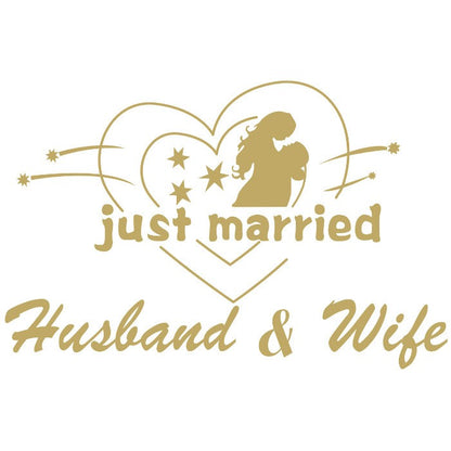Sticker Autocolant, Klevo, Tematica Nunta, Model Indragostiti, cu Scris Just Married Husband&Wife, 21x29 cm, Auriu