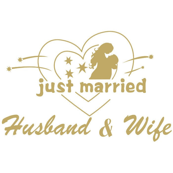 Sticker Autocolant, Klevo, Tematica Nunta, Model Indragostiti, cu Scris Just Married Husband&Wife, 21x29 cm, Auriu