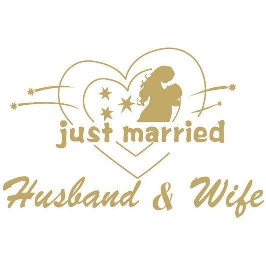 Sticker Autocolant, Klevo, Tematica Nunta, Model Indragostiti, cu Scris Just Married Husband&Wife, 21x29 cm, Auriu